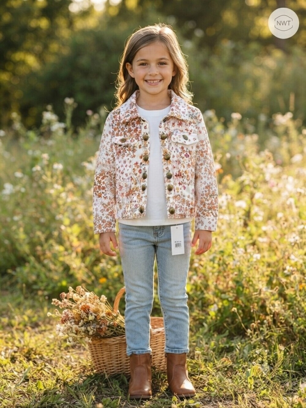 Little Lass Floral Jean Jacket in Cream, Rust/Pink, Sz-S, NWT - Picture 2 of 6